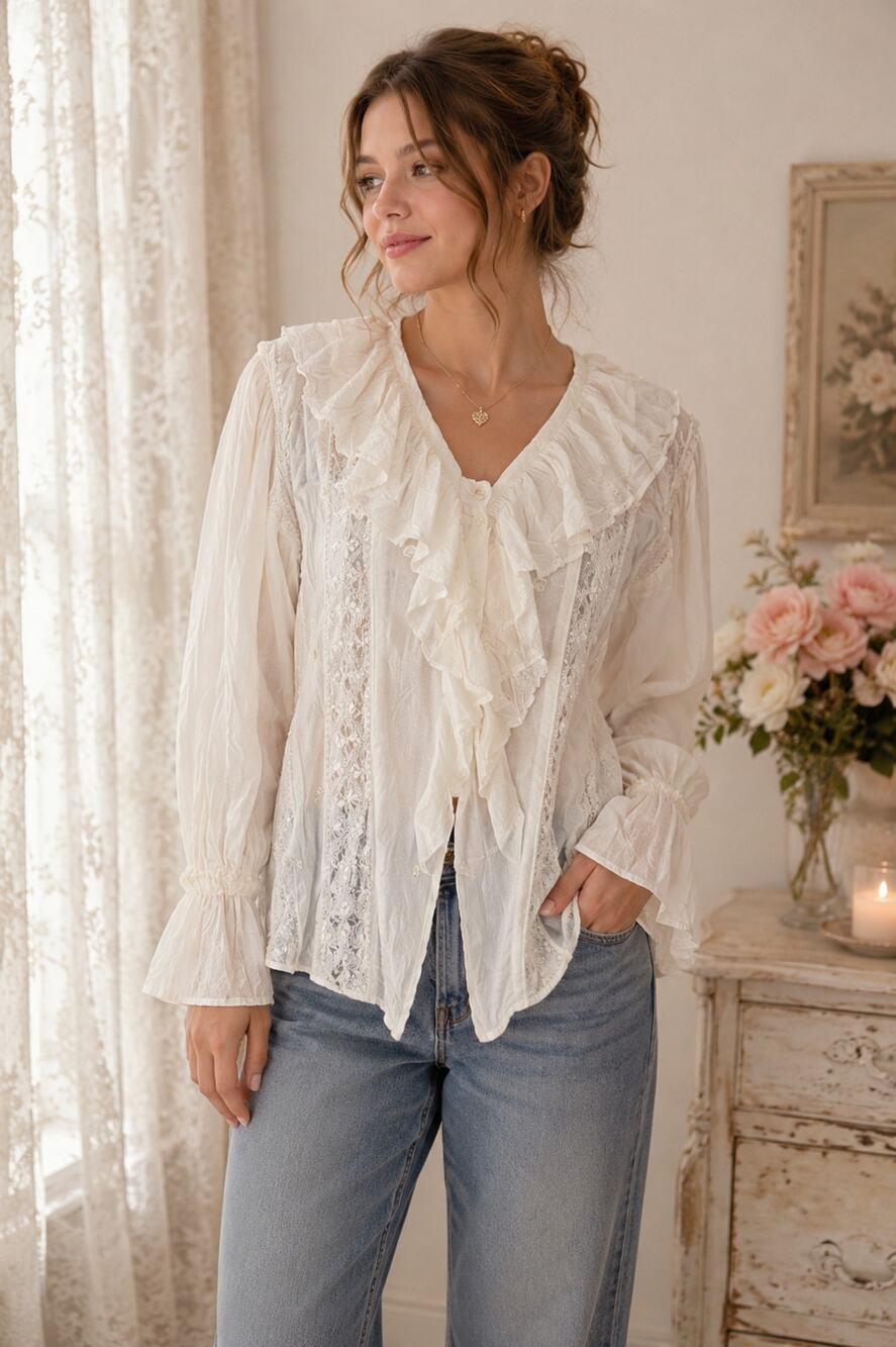 Vtg 90s Ruffled Beaded Lace Boho Victorian Top Women Size M NWT Bell Sleeve